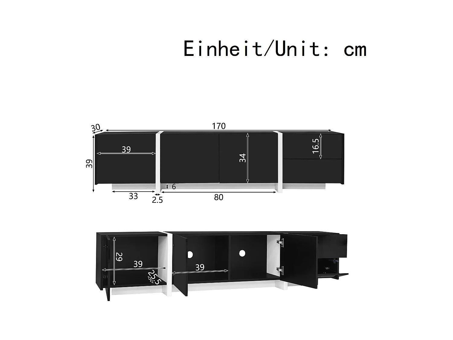 Meuble TV noir avec 4 portes et 1 tiroir de rangement, éclairage LED - pieds blancs