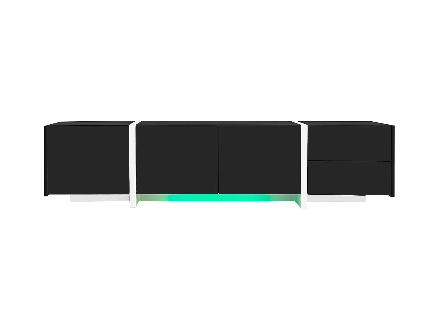 Meuble TV noir avec 4 portes et 1 tiroir de rangement, éclairage LED - pieds blancs