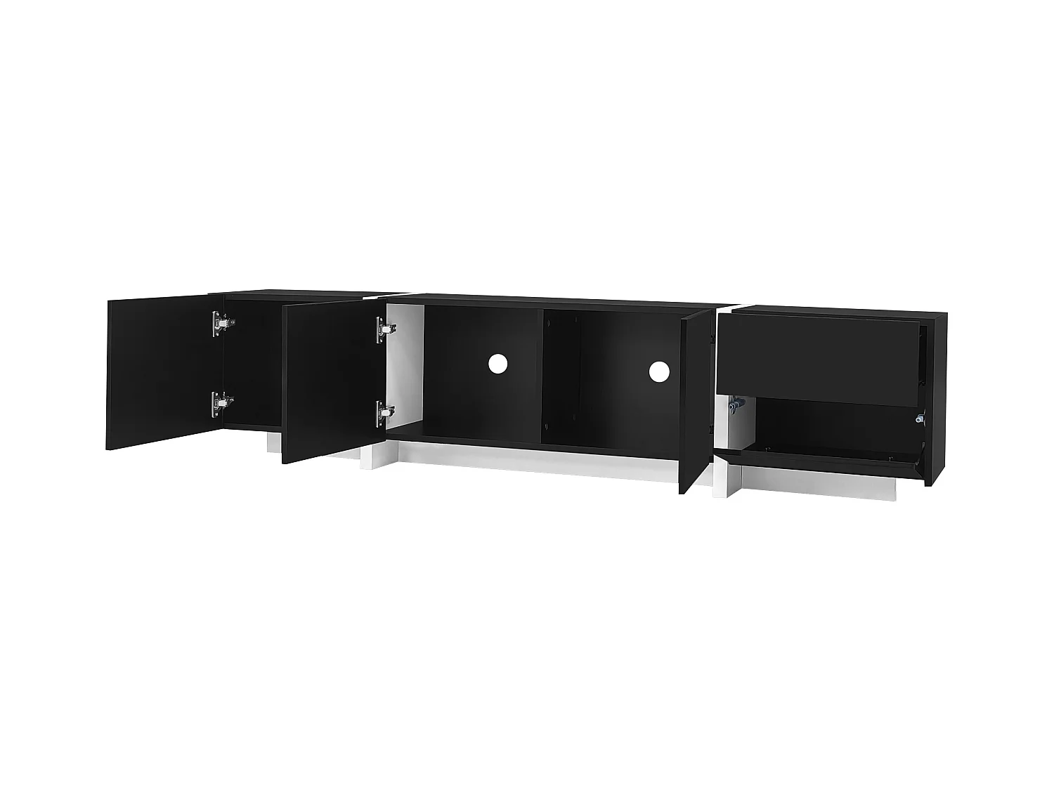 Meuble TV noir avec 4 portes et 1 tiroir de rangement, éclairage LED - pieds blancs