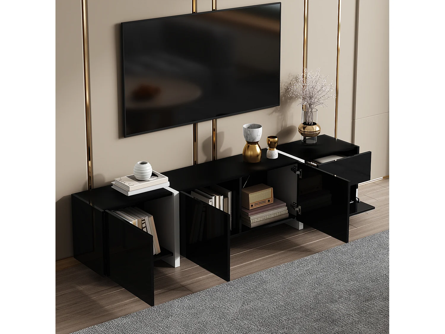 Schwarzer TV-Schrank mit 4 Türen und 1 Schublade, LED-Beleuchtung – Weiße Beine