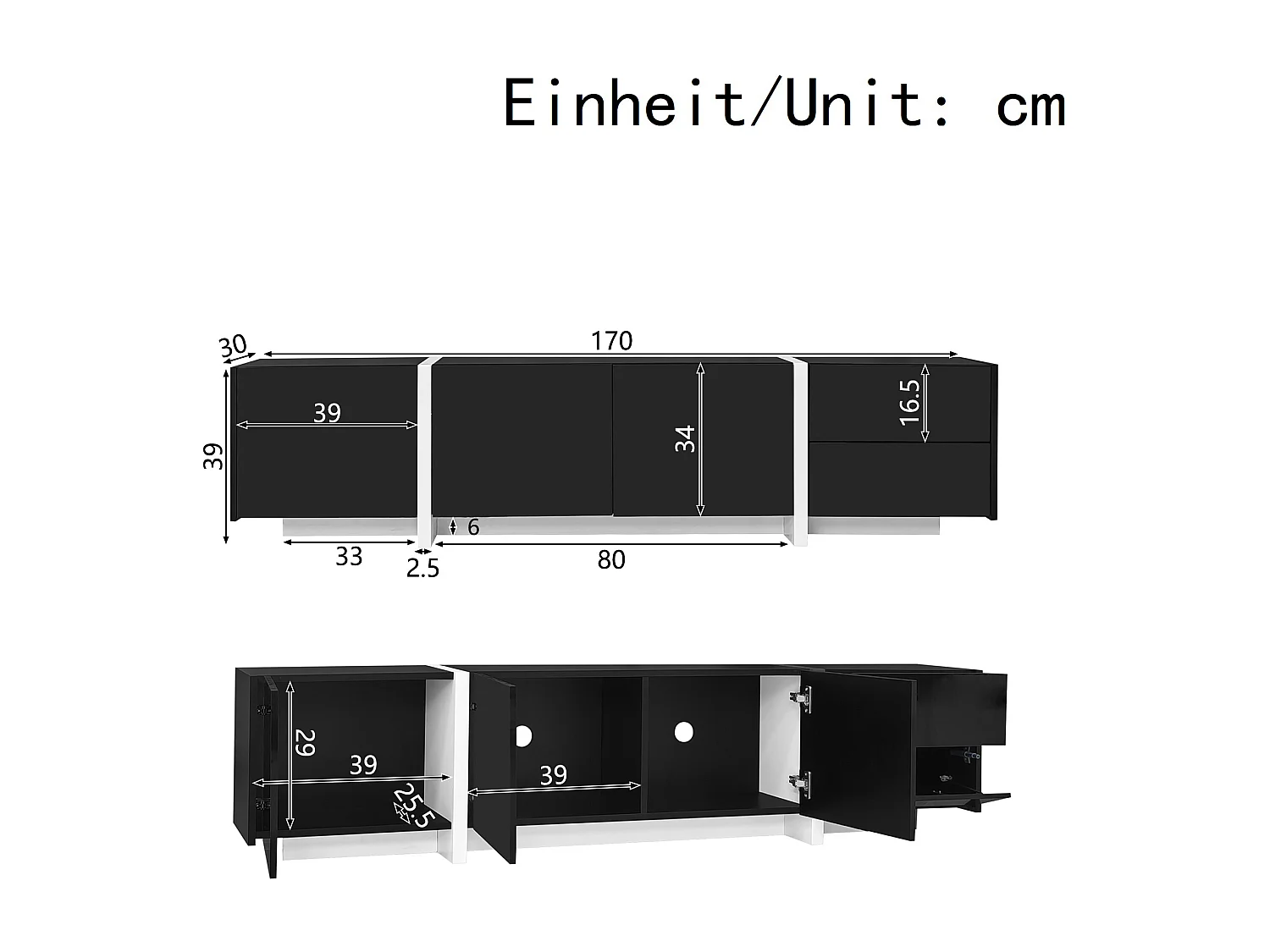 Schwarzer TV-Schrank mit 4 Türen und 1 Schublade, LED-Beleuchtung – Weiße Beine