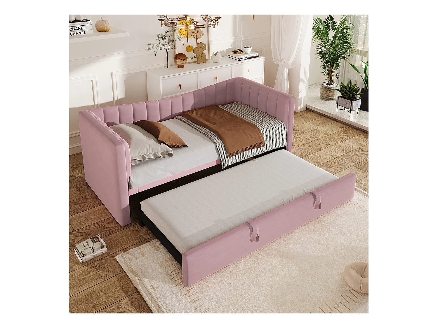 Lit banquette 90/180x200 cm, velours rose, lit double avec lit gigogne et sommier à lattes - sans matelas