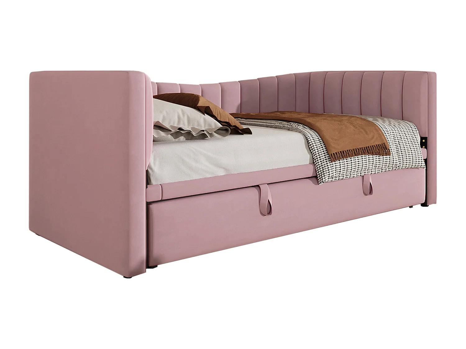 Lit banquette 90/180x200 cm, velours rose, lit double avec lit gigogne et sommier à lattes - sans matelas