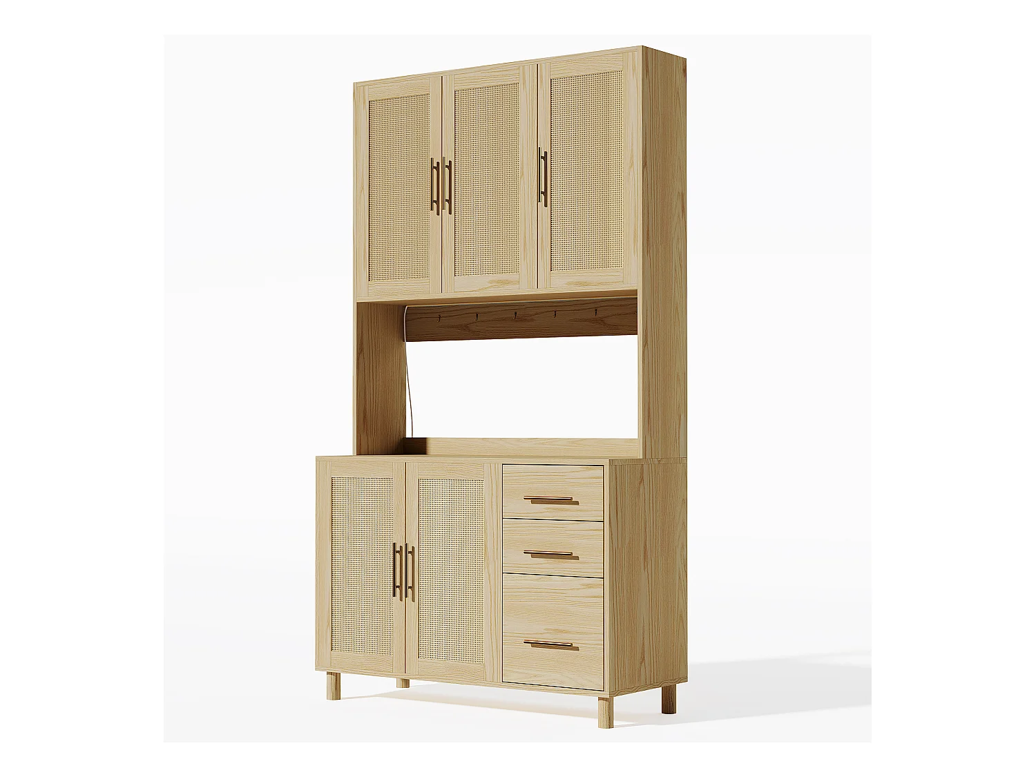 Buffet haut 183 cm avec LED, prises USB, étagères réglables et 3 tiroirs - naturel