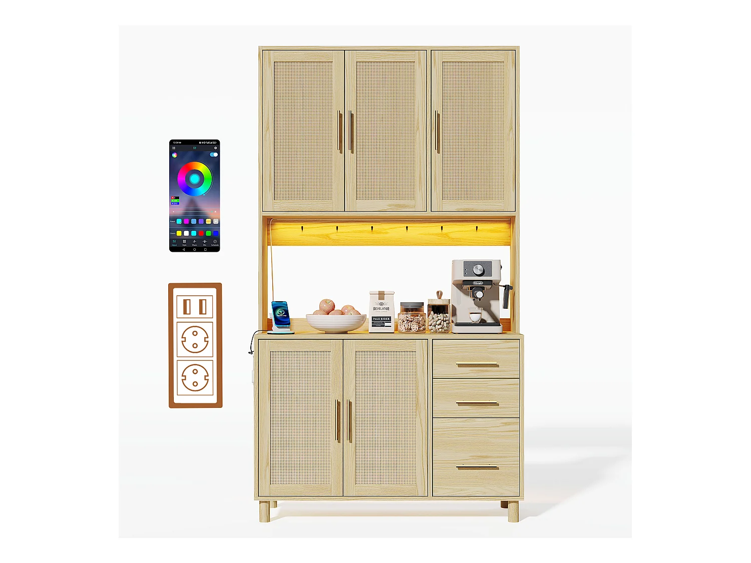 Buffet haut 183 cm avec LED, prises USB, étagères réglables et 3 tiroirs - naturel