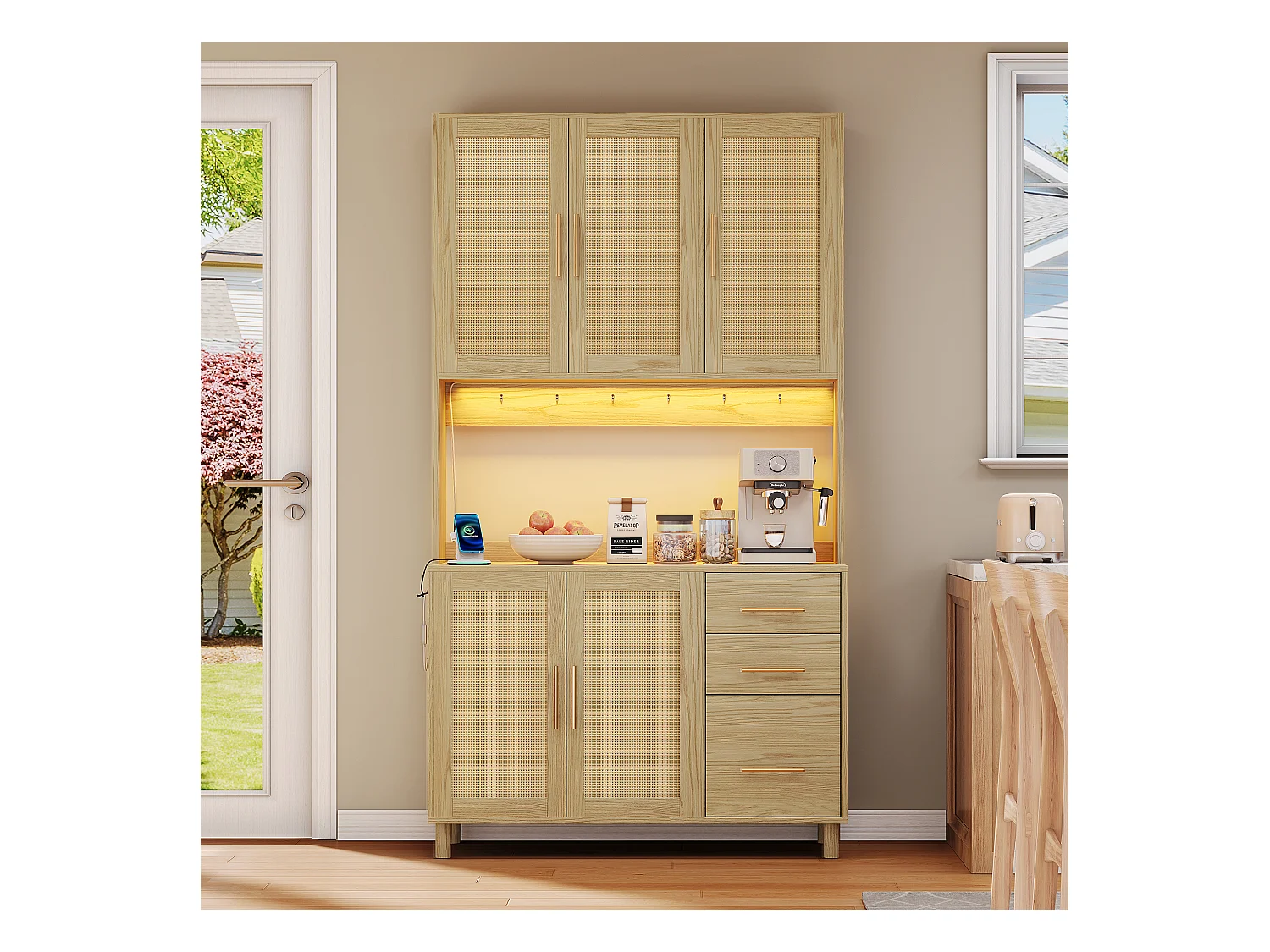 Kredens kuchenny 183 cm z oświetleniem LED, portami USB, regulowanymi półkami i 3 szufladami – naturalny