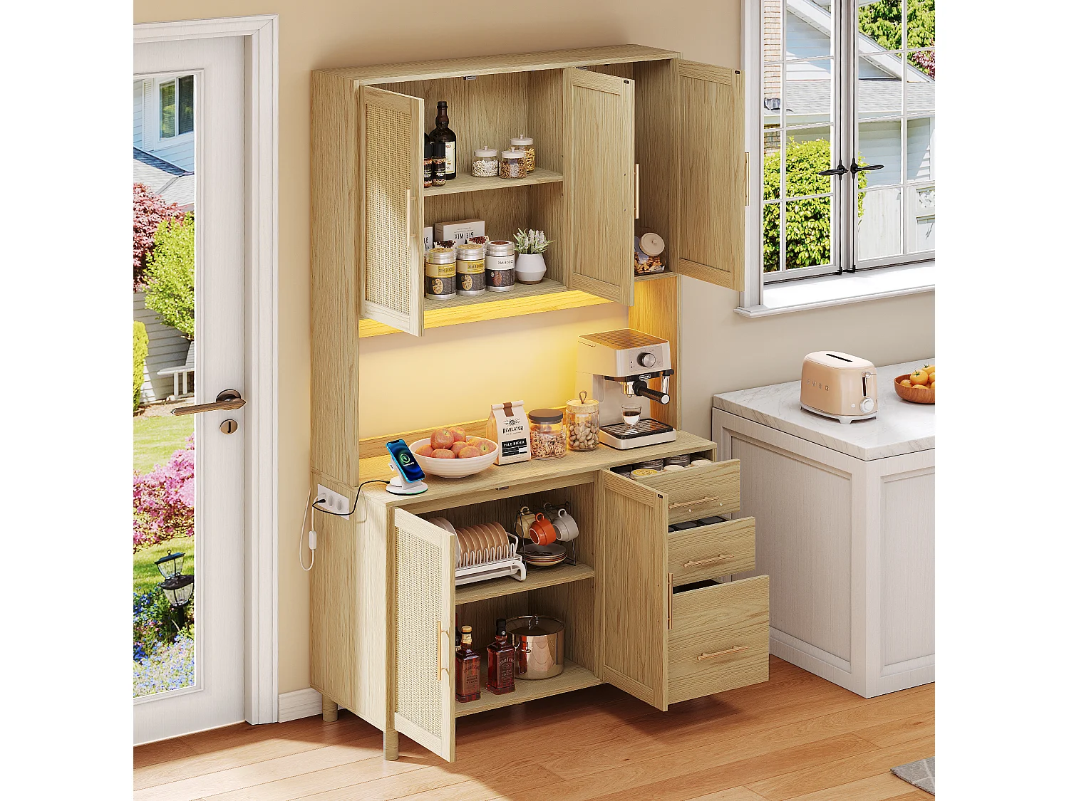 Buffet haut 183 cm avec LED, prises USB, étagères réglables et 3 tiroirs - naturel