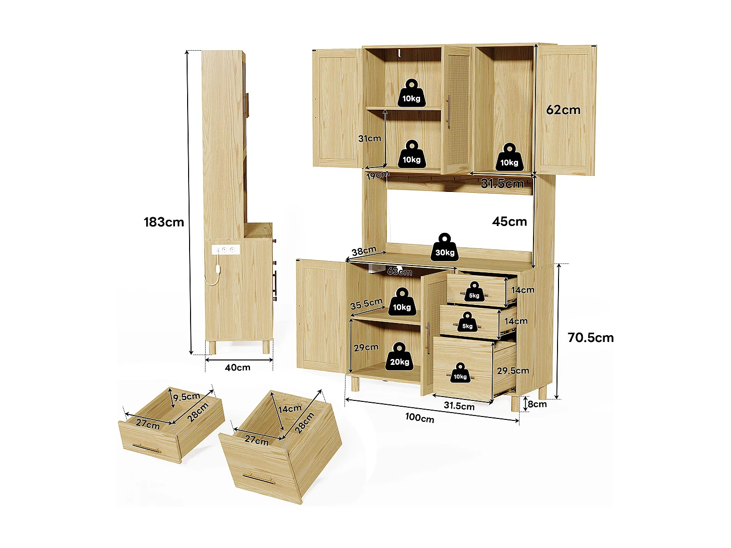 Buffet haut 183 cm avec LED, prises USB, étagères réglables et 3 tiroirs - naturel