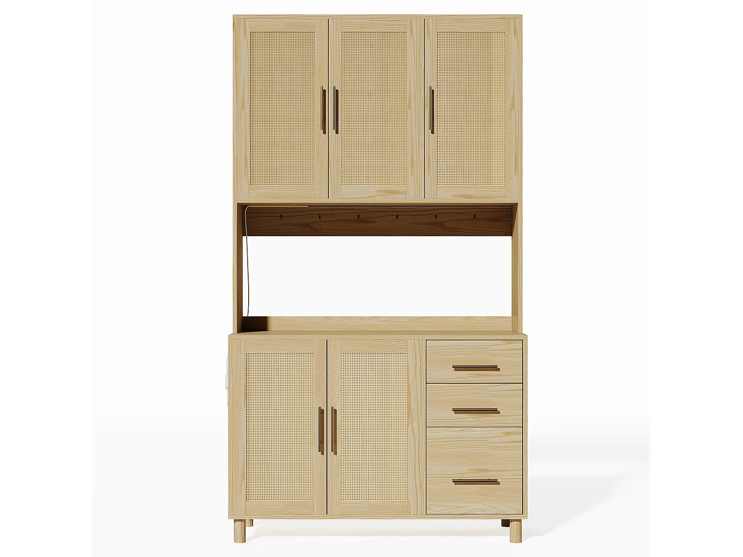 Buffet haut 183 cm avec LED, prises USB, étagères réglables et 3 tiroirs - naturel