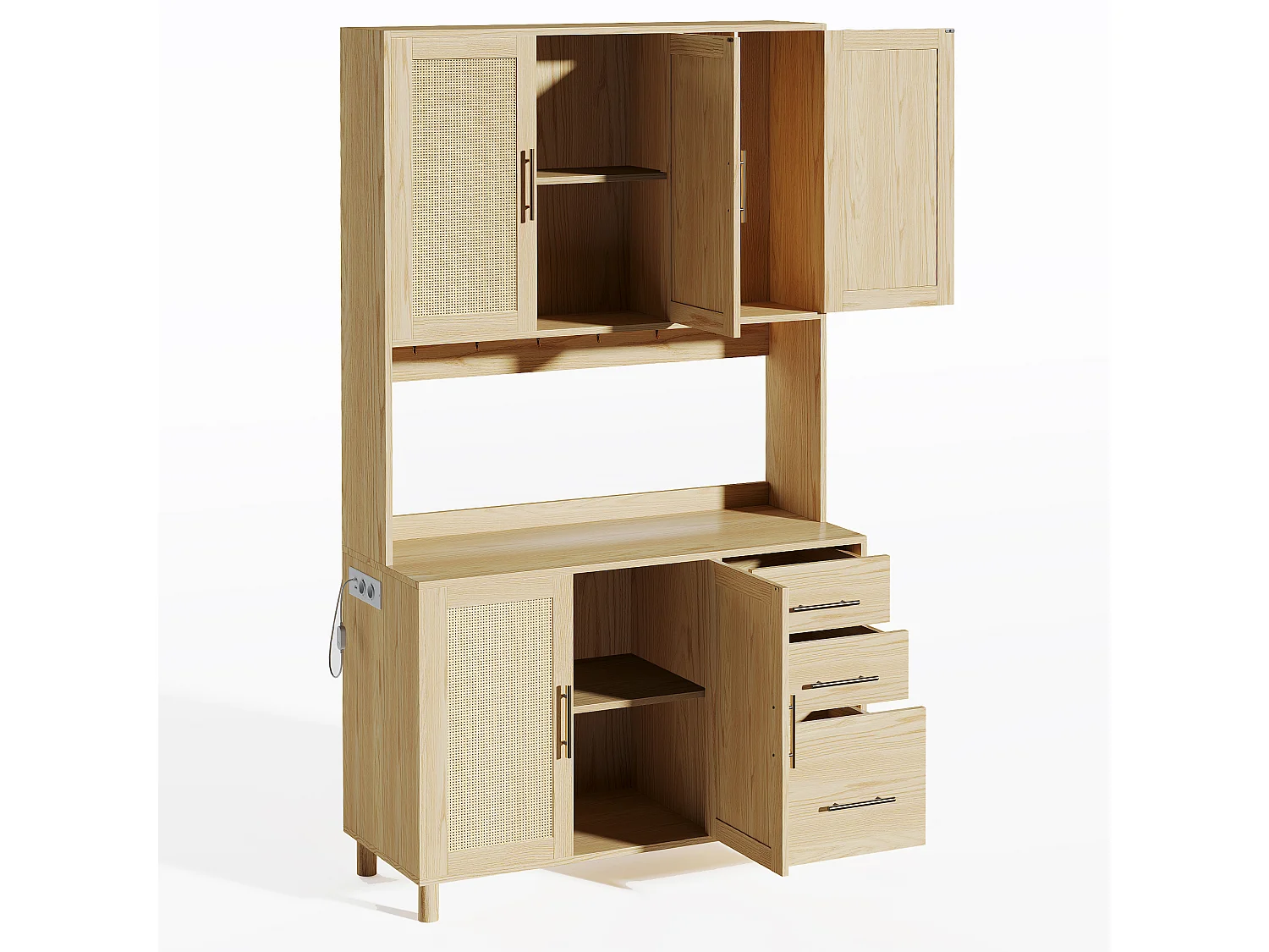 Buffet haut 183 cm avec LED, prises USB, étagères réglables et 3 tiroirs - naturel