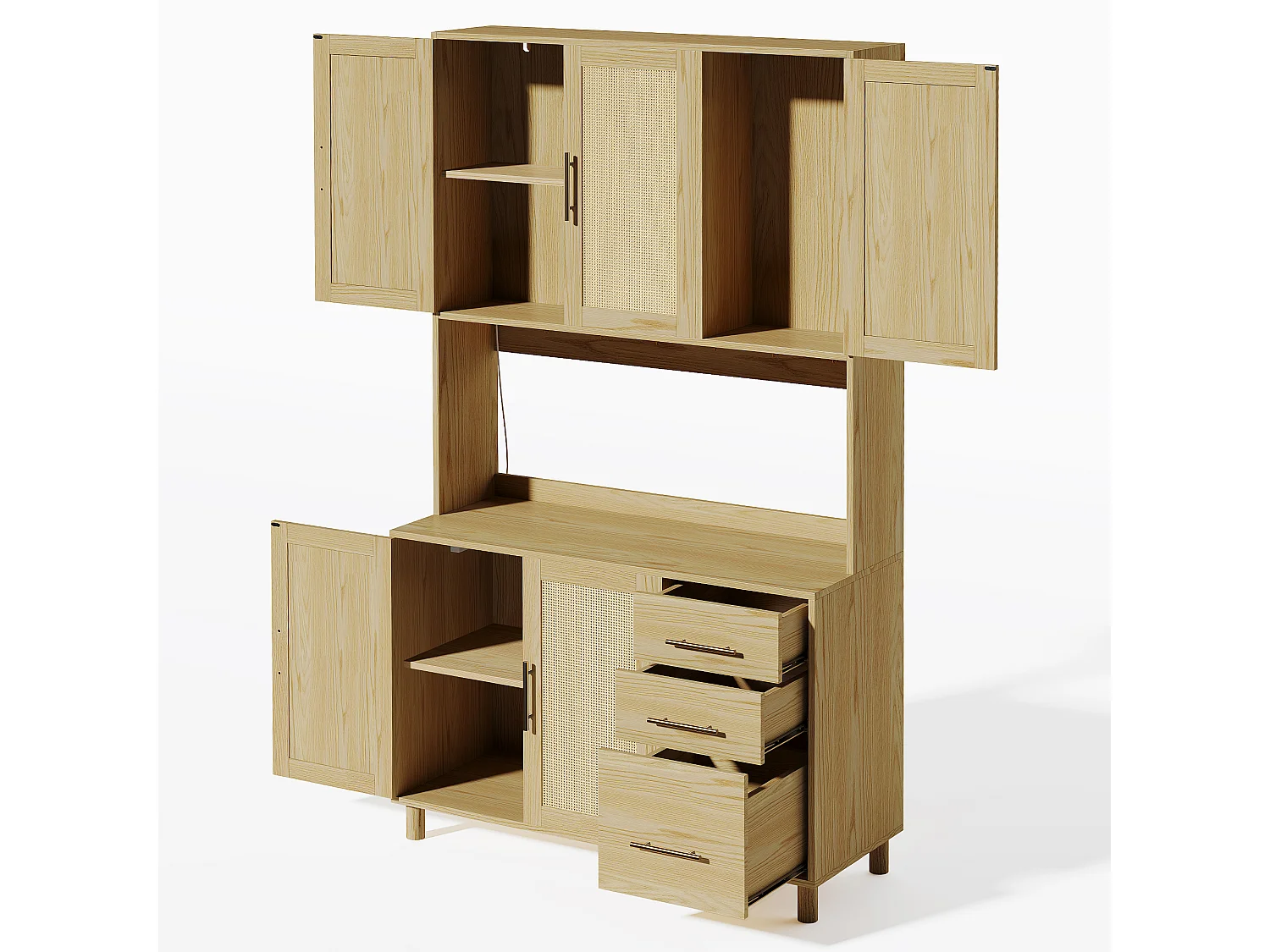 Buffet haut 183 cm avec LED, prises USB, étagères réglables et 3 tiroirs - naturel