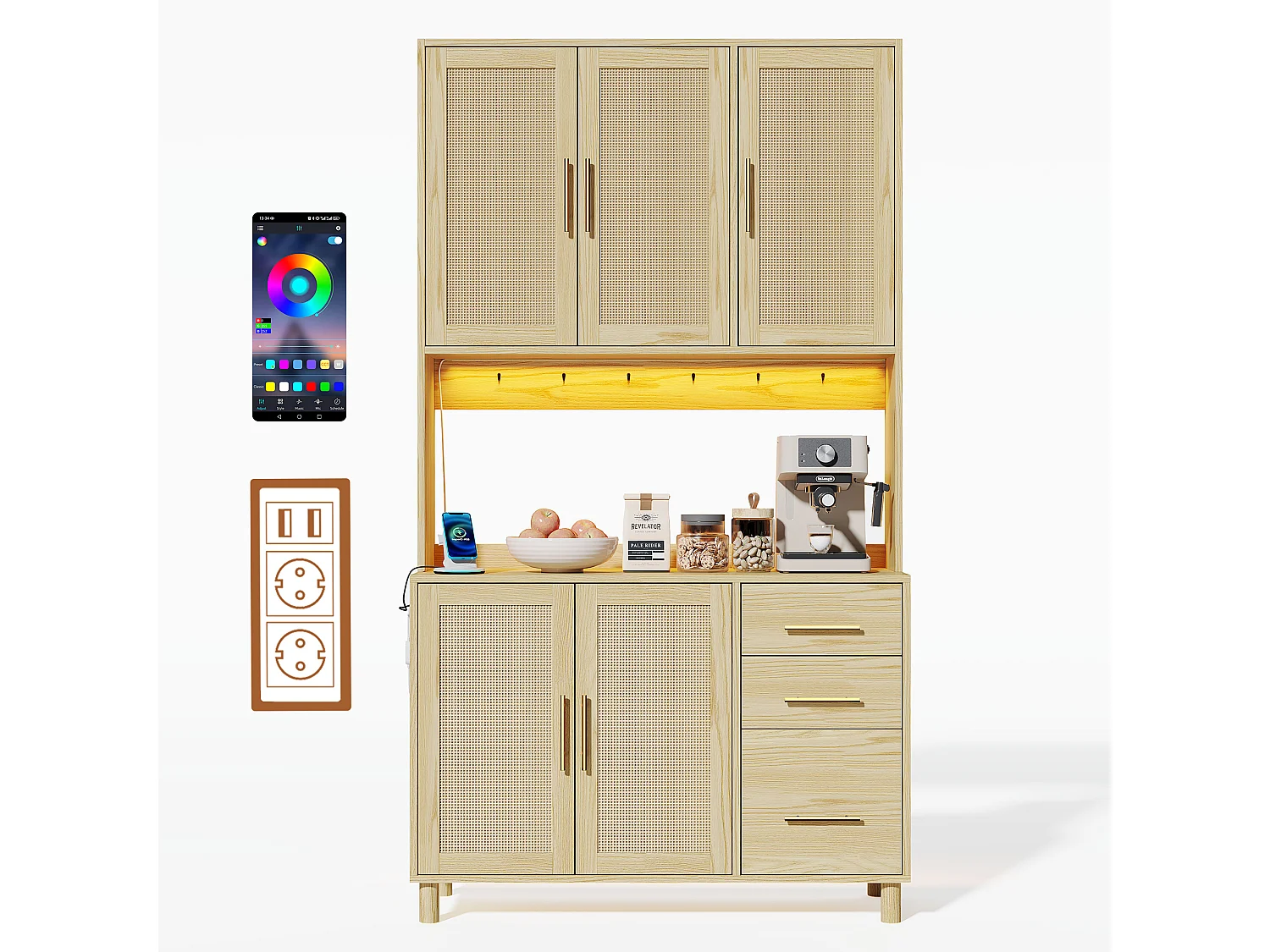 Buffet haut 183 cm avec LED, prises USB, étagères réglables et 3 tiroirs - naturel