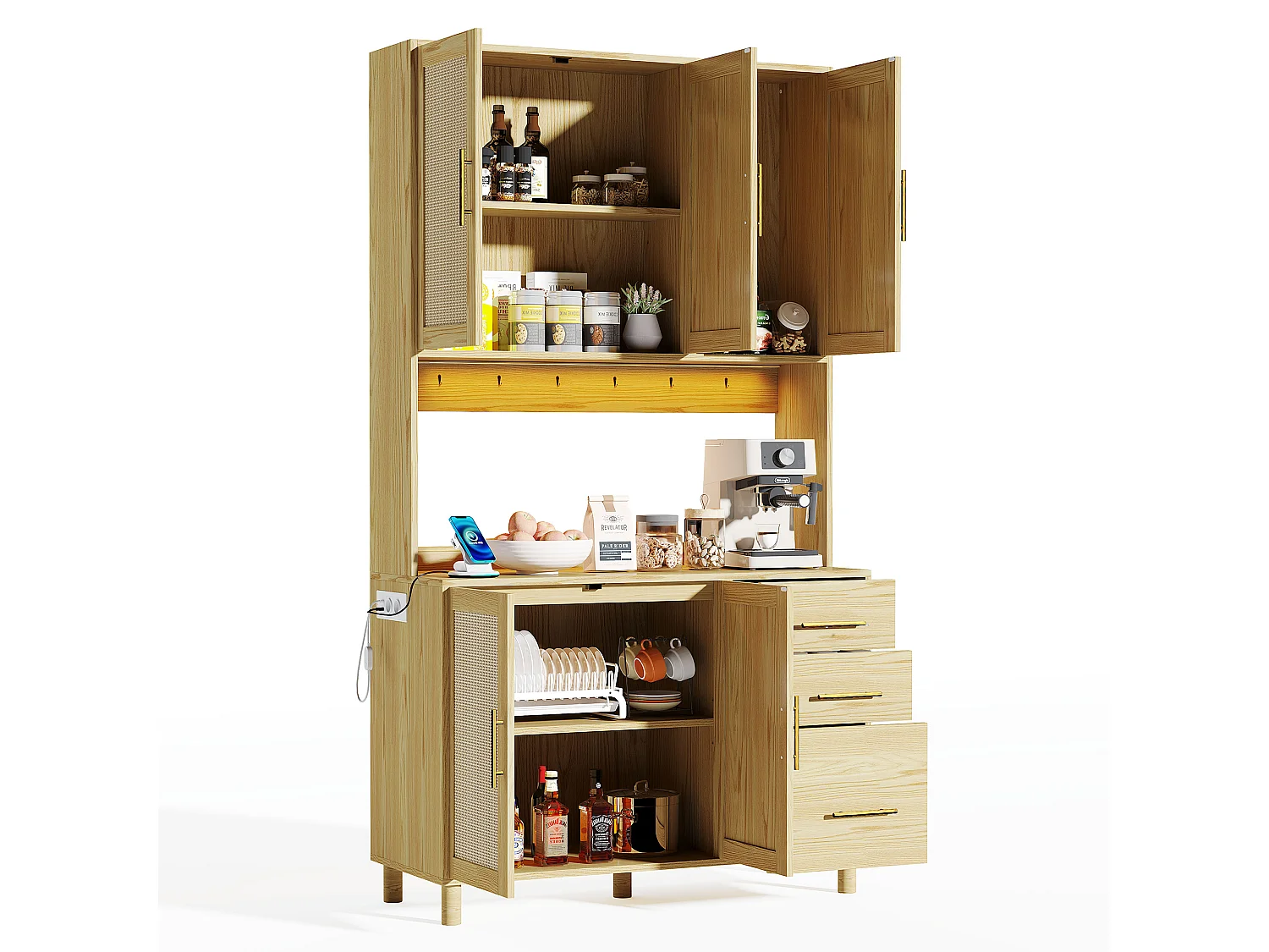 Buffet haut 183 cm avec LED, prises USB, étagères réglables et 3 tiroirs - naturel