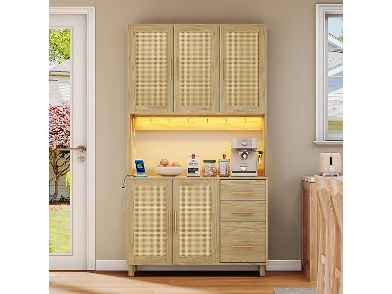 Kredens kuchenny 183 cm z oświetleniem LED, portami USB, regulowanymi półkami i 3 szufladami – naturalny