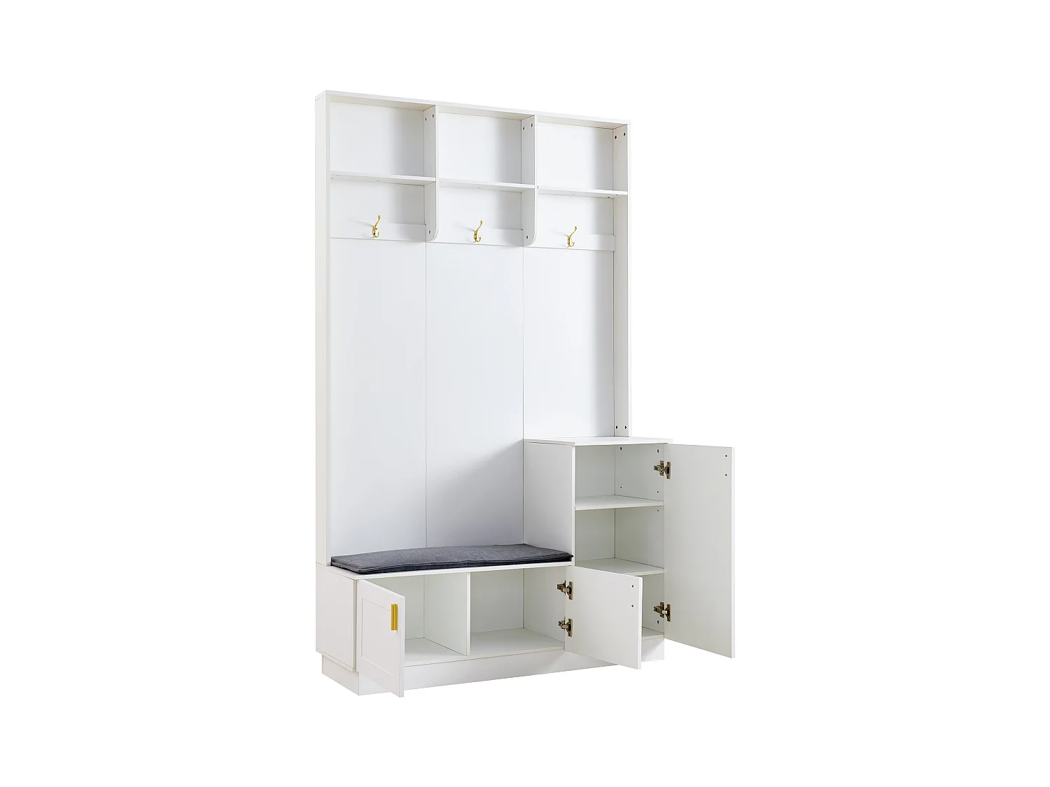 Porte-manteau d'entrée blanche avec banc à chaussures, rangement ouvert et 3 crochets