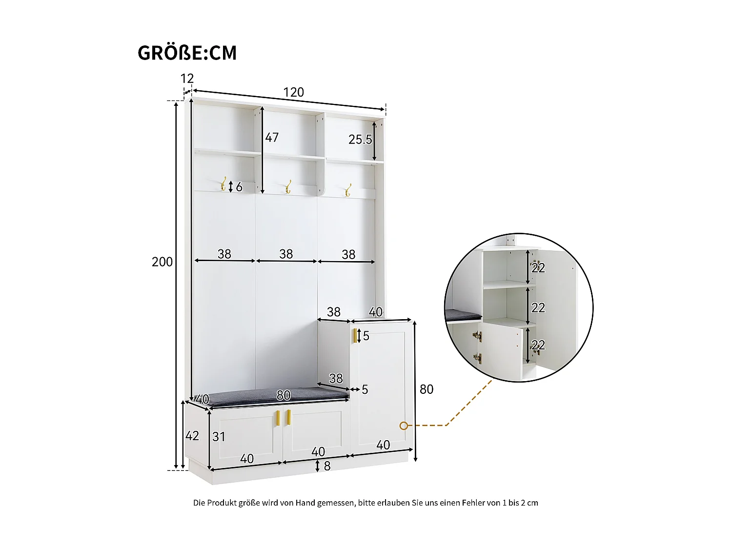 Biały wieszak do przedpokoju z ławką na buty, otwartym schowkiem i 3 haczykami