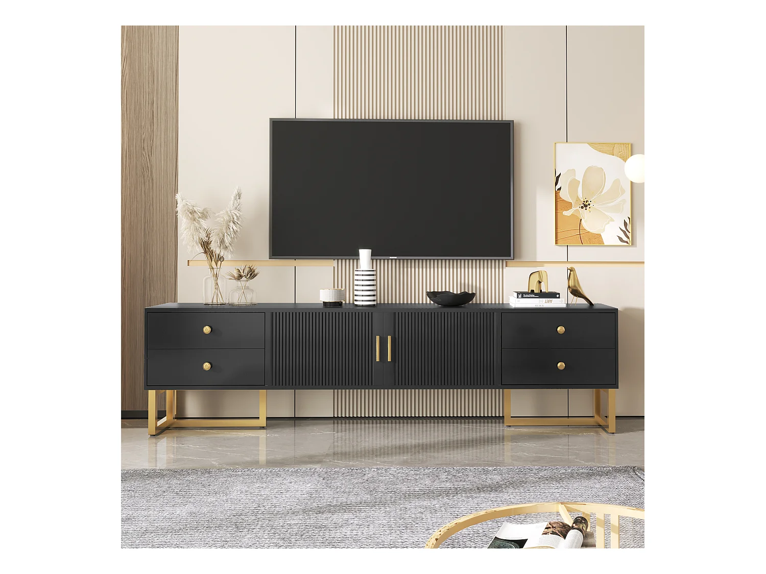 Meuble TV noir avec 2 portes et 4 tiroirs, poignées dorées et pieds dorés - pour salons et bureaux