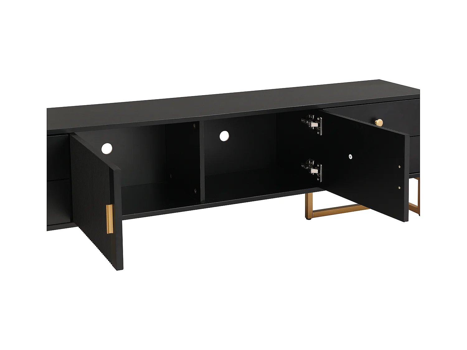 Meuble TV noir avec 2 portes et 4 tiroirs, poignées dorées et pieds dorés - pour salons et bureaux