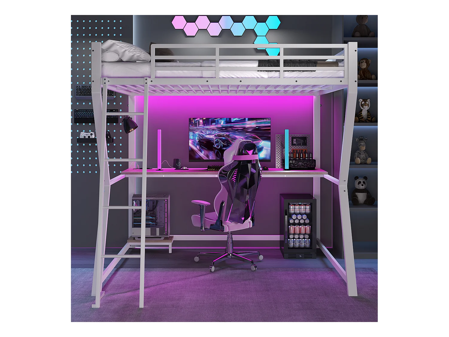 Lit mezzanine 140x200 cm, blanc, lit adulte avec éclairage LED et USB, bureau - sans matelas