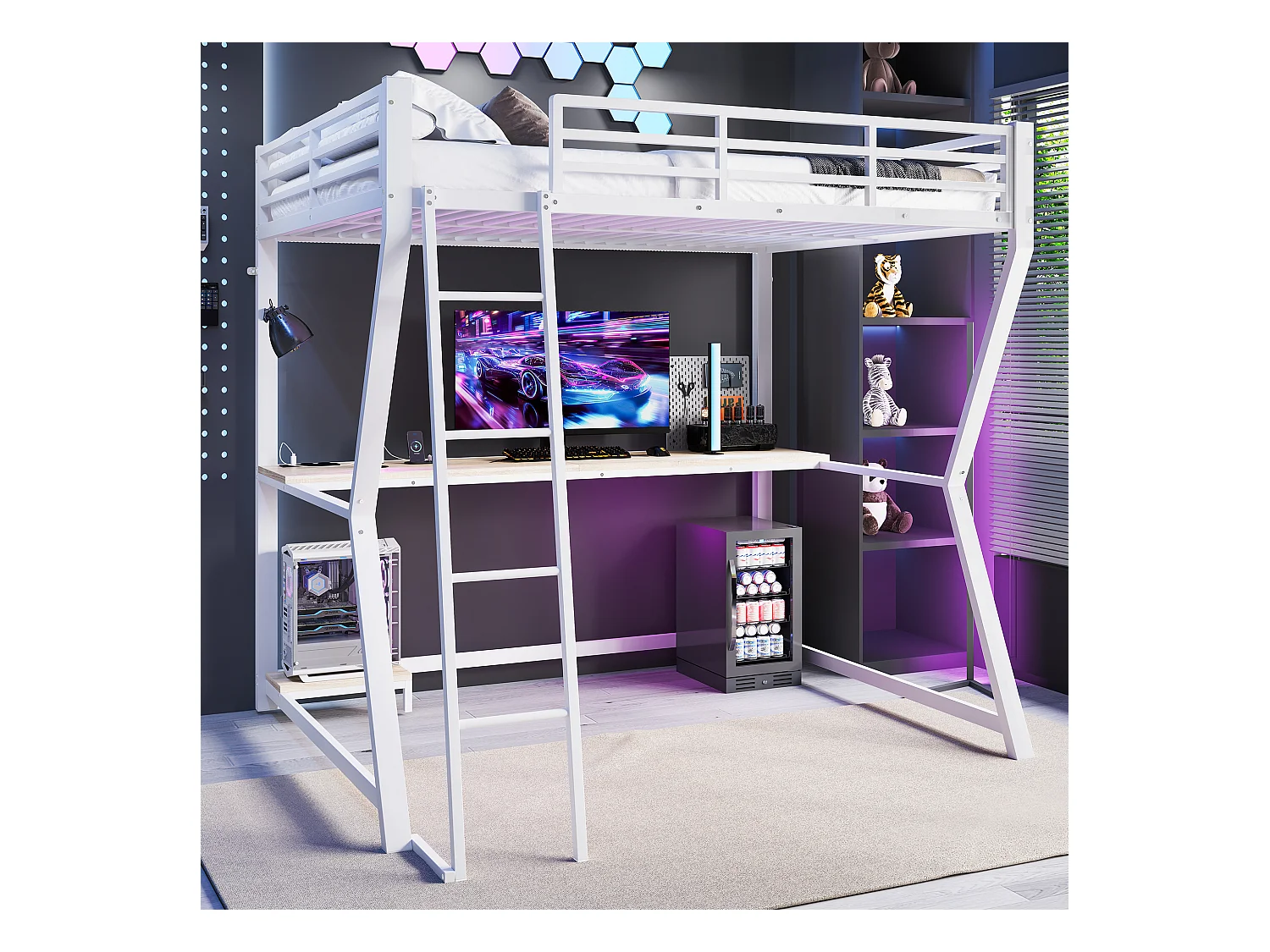 Lit mezzanine 140x200 cm, blanc, lit adulte avec éclairage LED et USB, bureau - sans matelas