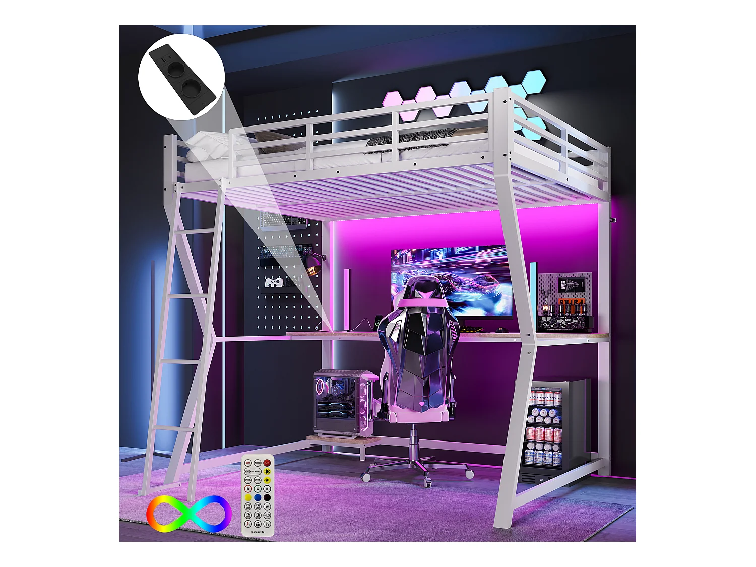 Lit mezzanine 140x200 cm, blanc, lit adulte avec éclairage LED et USB, bureau - sans matelas