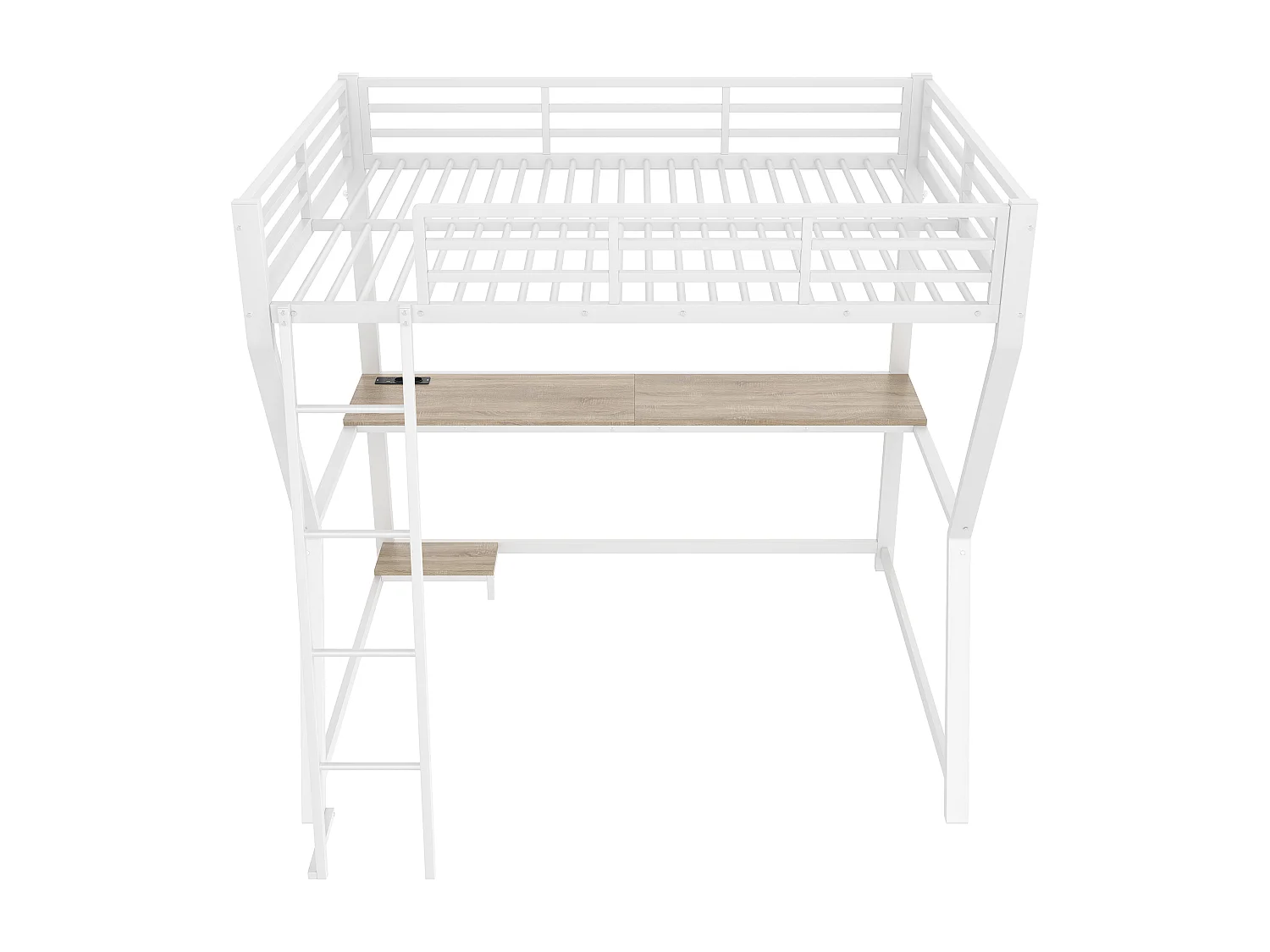 Hochbett 140 x 200 cm, weiß, Erwachsenenbett mit LED-Licht und USB, Schreibtisch – ohne Matratze