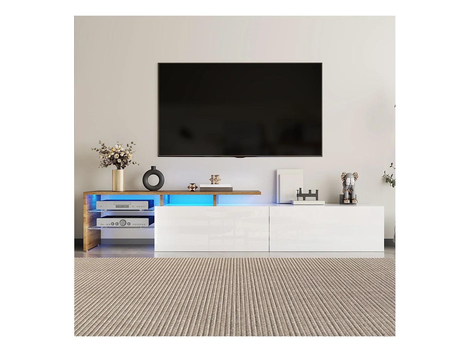 Meuble TV de salon, finition blanc brillant et bois, avec étagères en verre et 2 tiroirs - éclairage LED