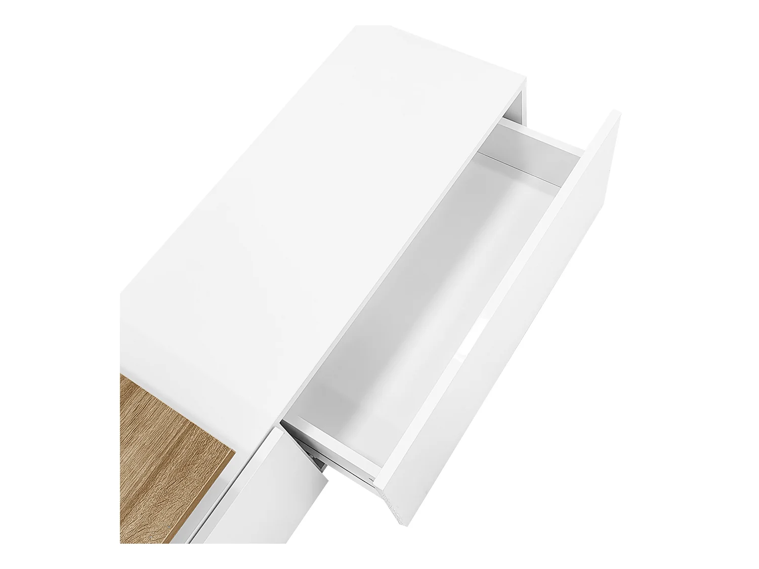 Meuble TV de salon, finition blanc brillant et bois, avec étagères en verre et 2 tiroirs - éclairage LED