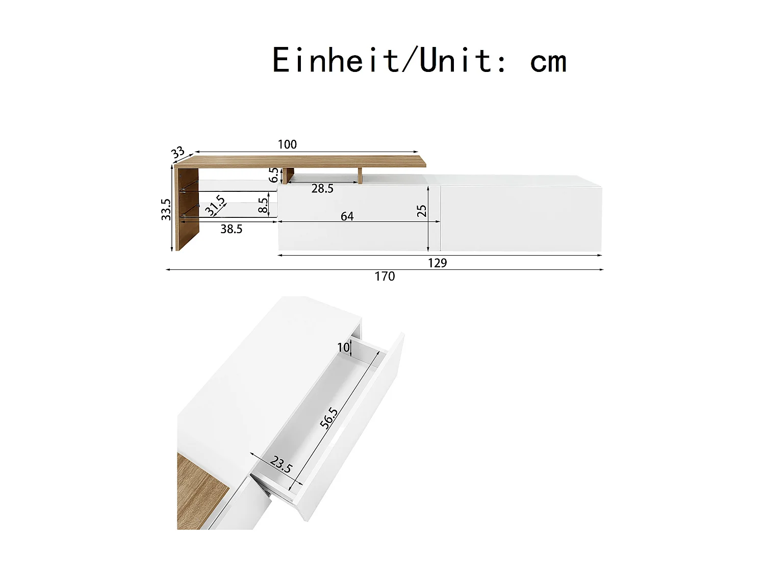 Wohnzimmer-TV-Ständer, Hochglanzweiß und Holzoptik, mit Glasböden und zwei Schubladen – LED-Beleuchtung