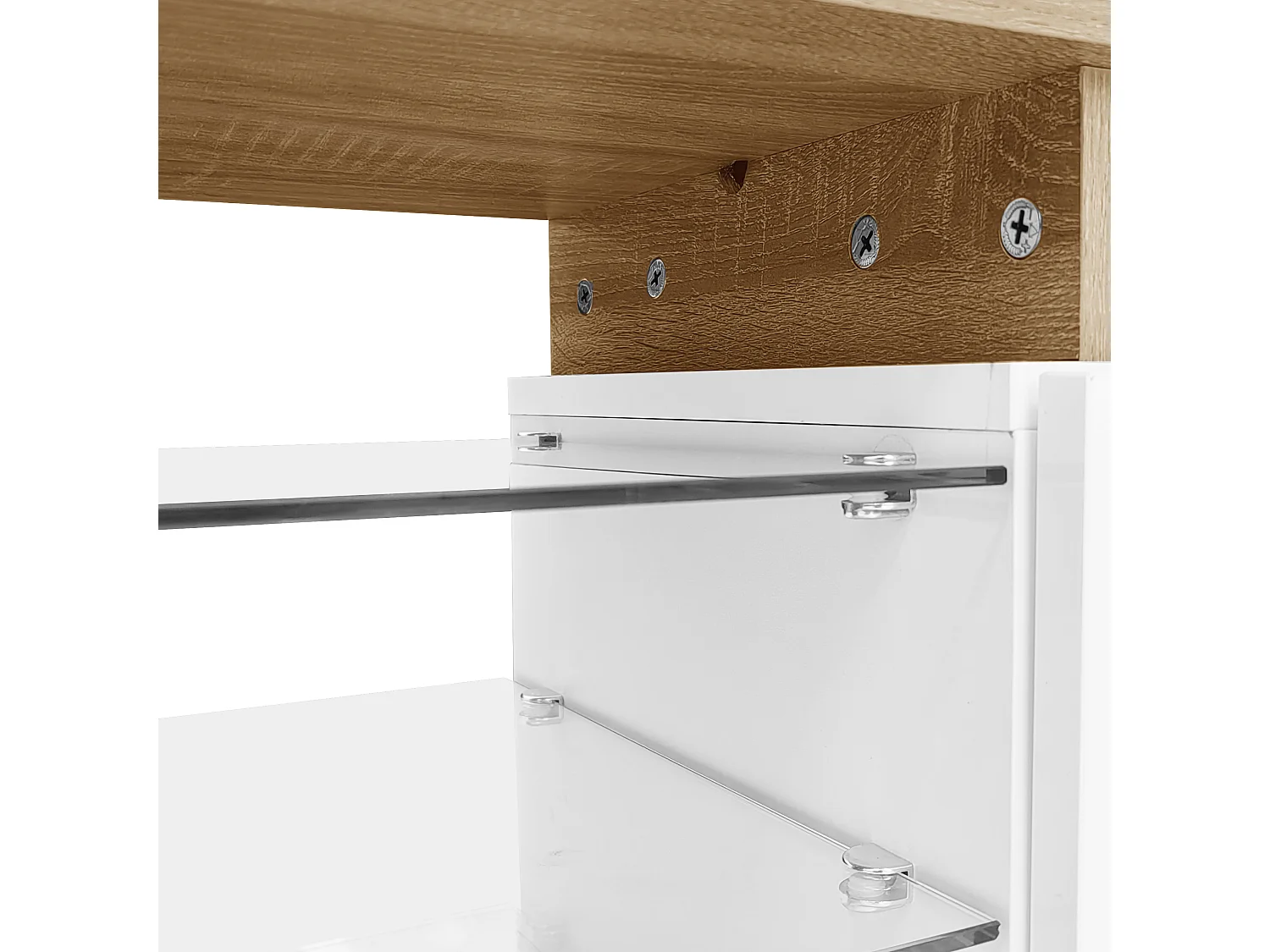 Wohnzimmer-TV-Ständer, Hochglanzweiß und Holzoptik, mit Glasböden und zwei Schubladen – LED-Beleuchtung