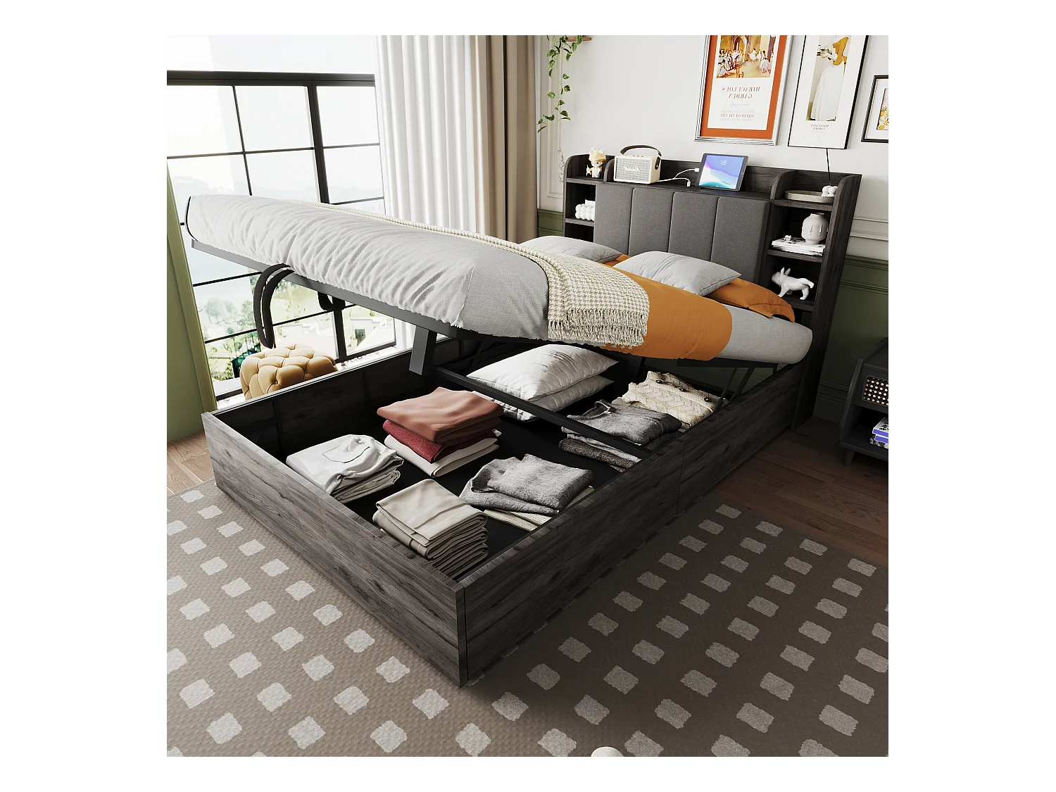 Lit coffre 140 x 200 cm, tête de lit avec rangement et port USB, bois gris - sans matelas