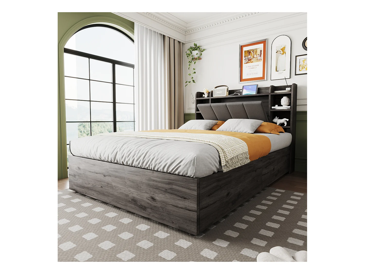 Lit coffre 140 x 200 cm, tête de lit avec rangement et port USB, bois gris - sans matelas