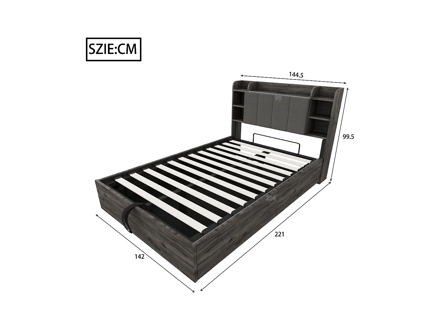 Lit coffre 140 x 200 cm, tête de lit avec rangement et port USB, bois gris - sans matelas