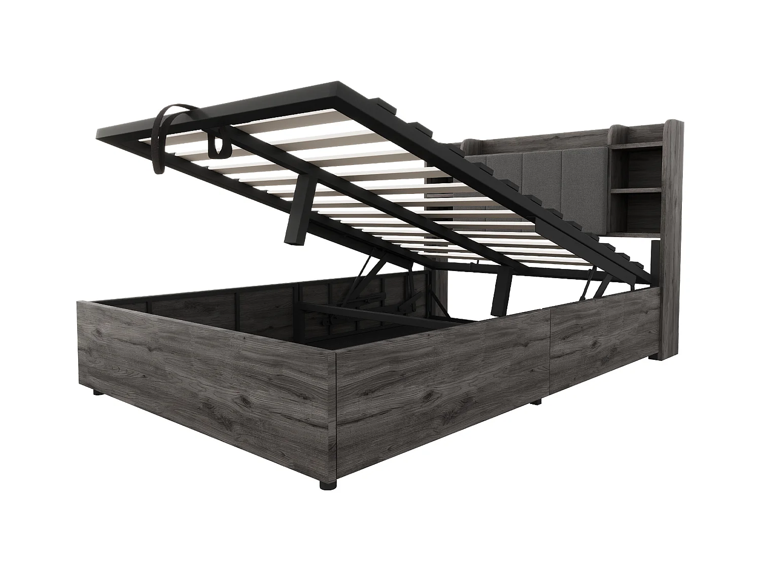 Lit coffre 140 x 200 cm, tête de lit avec rangement et port USB, bois gris - sans matelas