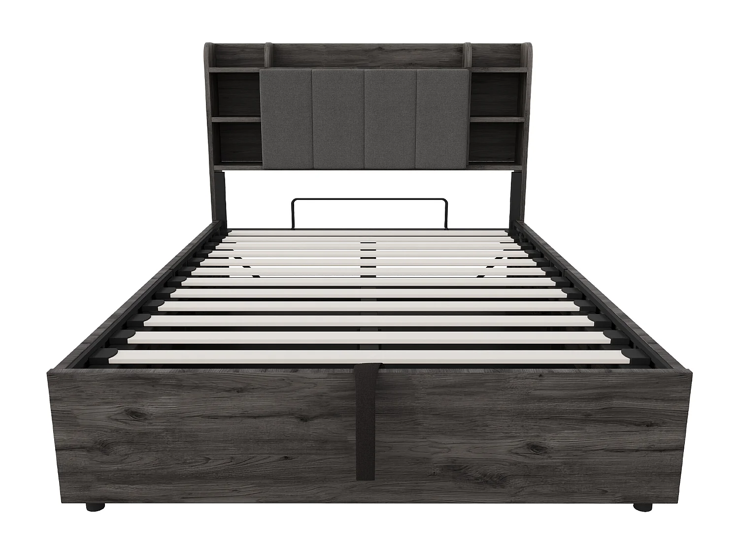 Lit coffre 140 x 200 cm, tête de lit avec rangement et port USB, bois gris - sans matelas