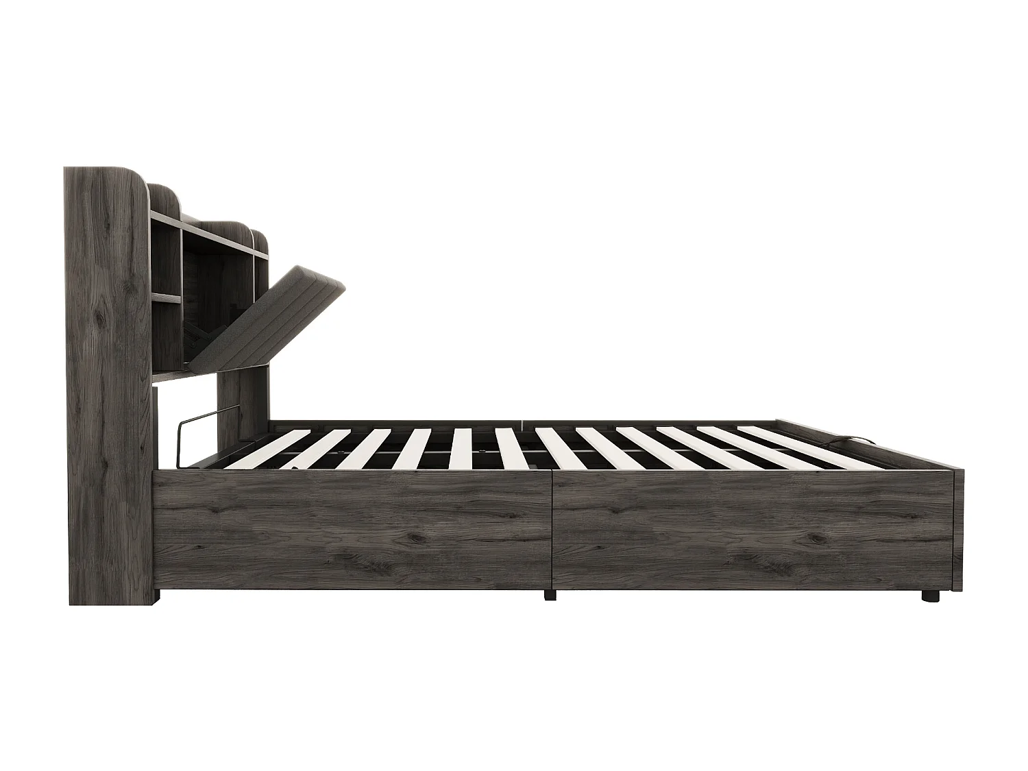 Lit coffre 140 x 200 cm, tête de lit avec rangement et port USB, bois gris - sans matelas