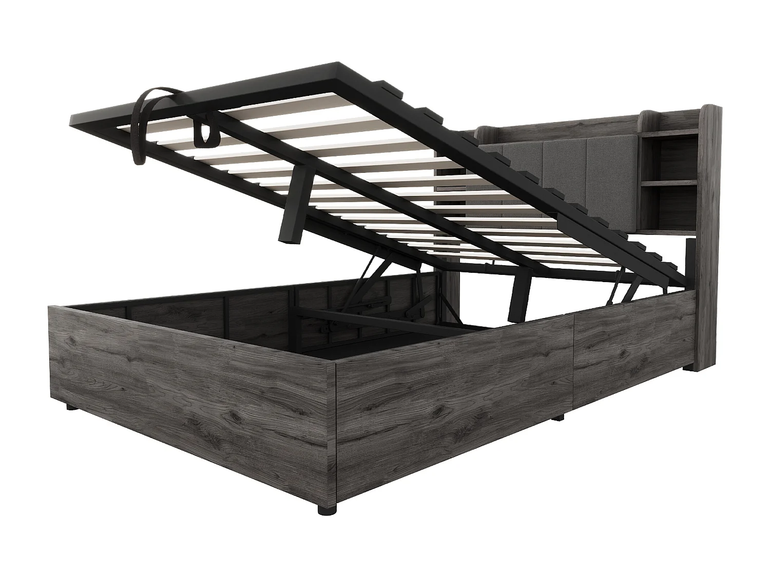 Lit coffre 140 x 200 cm, tête de lit avec rangement et port USB, bois gris - sans matelas