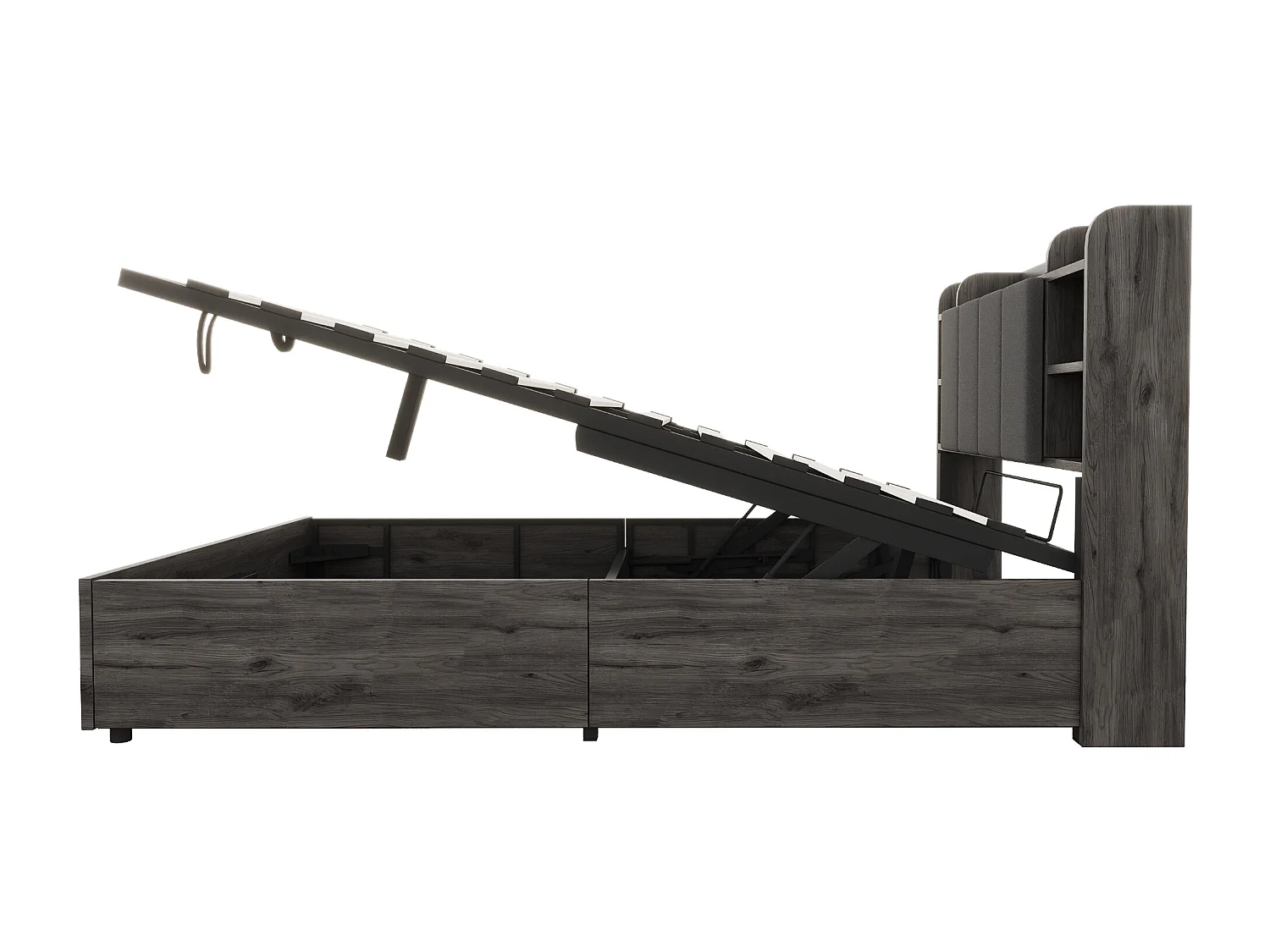 Lit coffre 140 x 200 cm, tête de lit avec rangement et port USB, bois gris - sans matelas