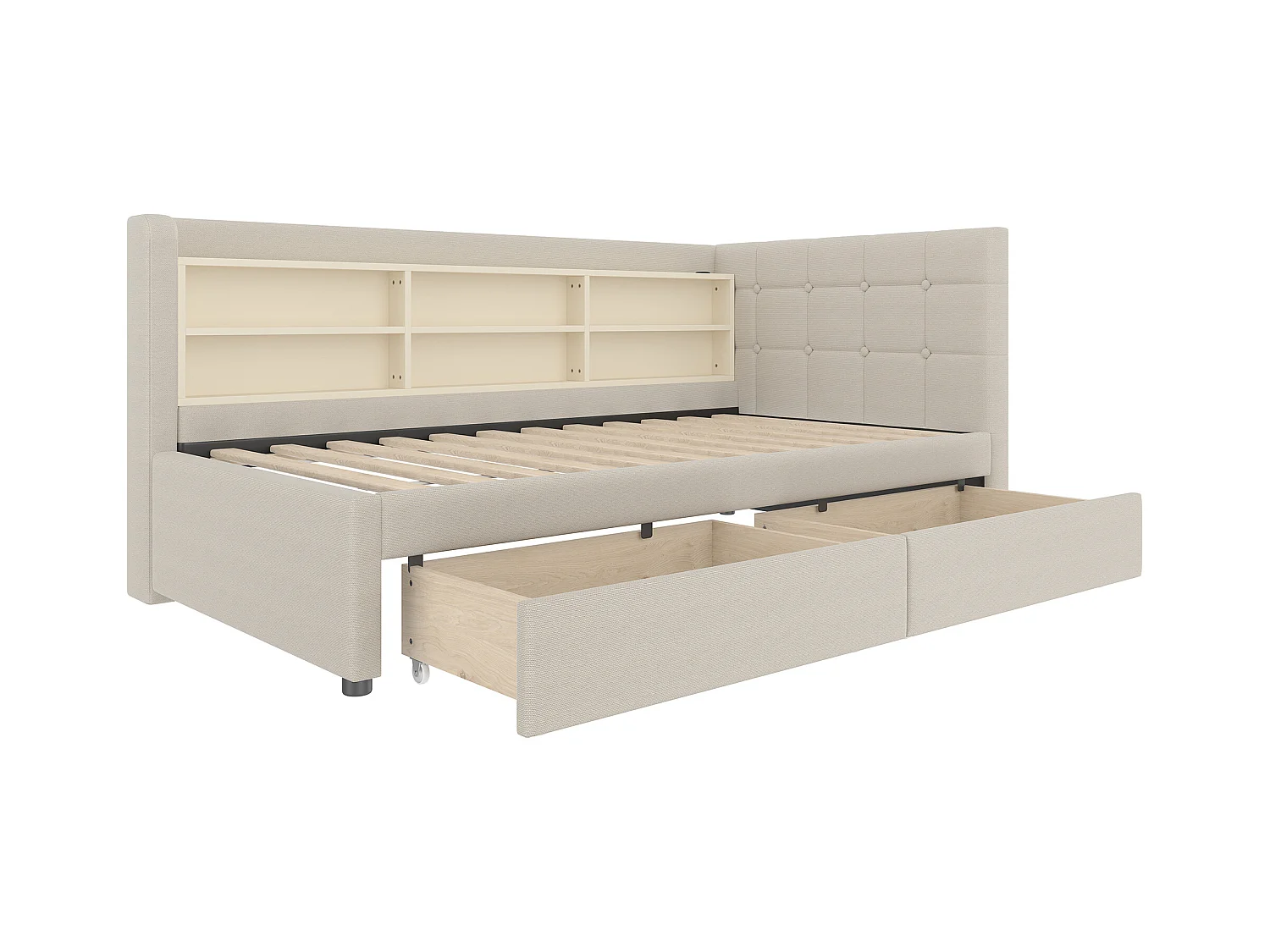 Lit banquette 90x200 cm, lin beige, avec compartiments de rangement et 2 tiroirs, port USB - sans matelas