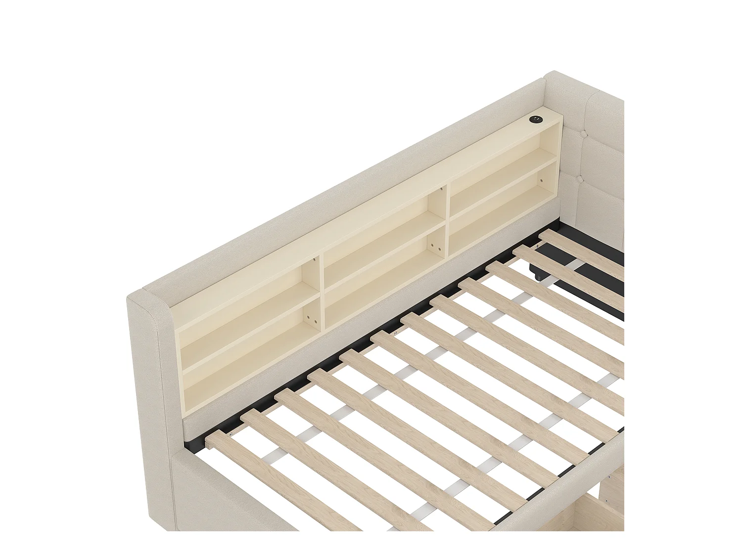 Lit banquette 90x200 cm, lin beige, avec compartiments de rangement et 2 tiroirs, port USB - sans matelas