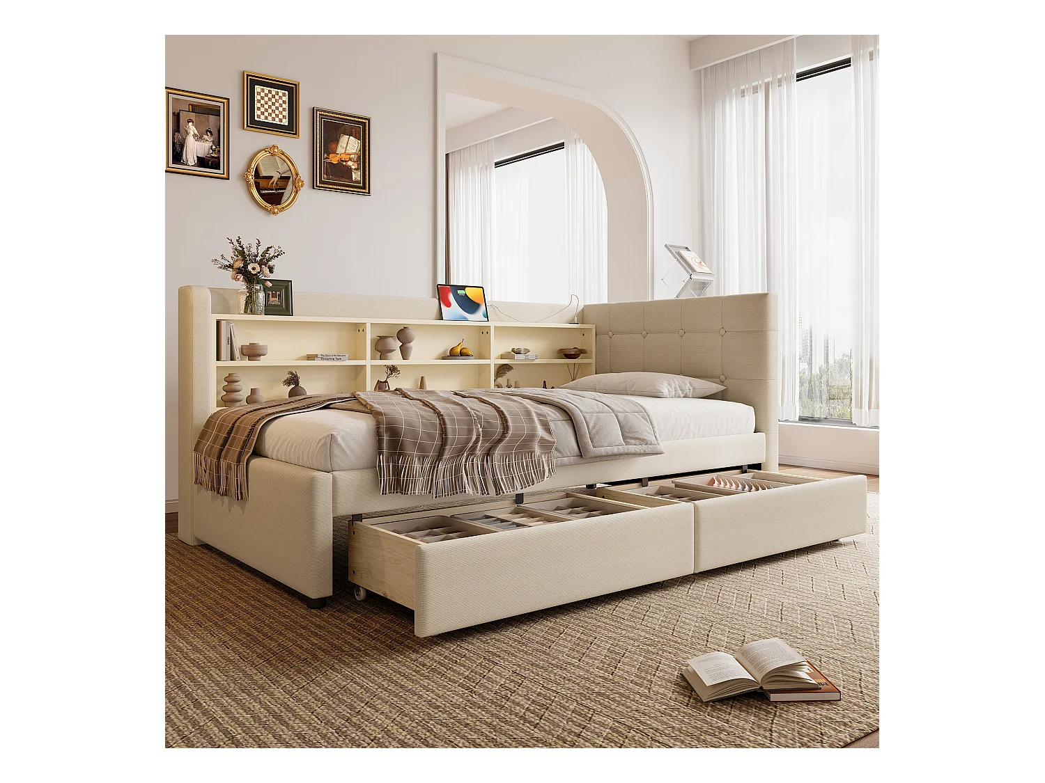 Lit banquette 90x200 cm, lin beige, avec compartiments de rangement et 2 tiroirs, port USB - sans matelas
