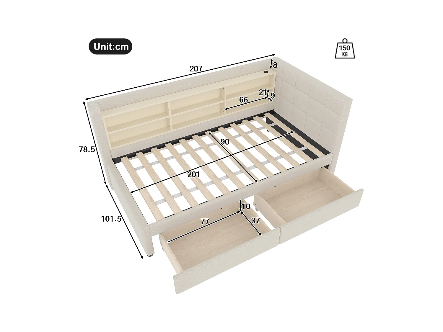 Schlafsofa 90 x 200 cm, Leinenbeige, mit Staufächern und 2 Schubladen, USB-Anschluss – ohne Matratze