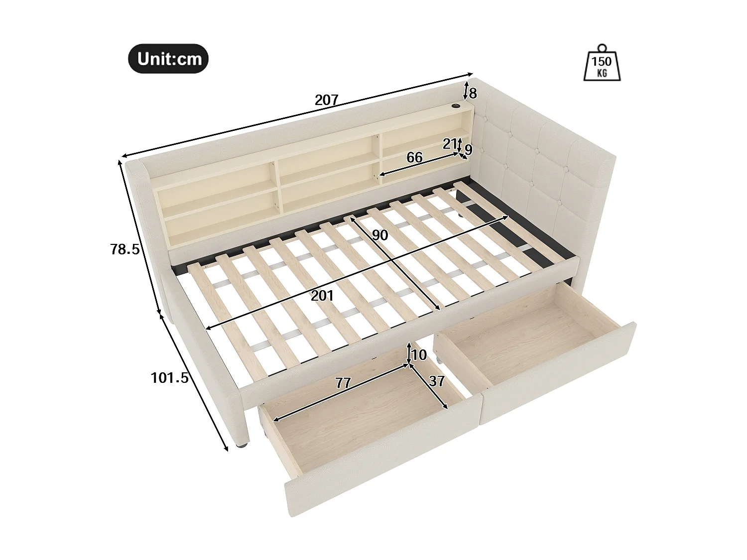 Slaapbank 90x200 cm, linnenbeige, met opbergvakken en 2 lades, USB-aansluiting - zonder matras