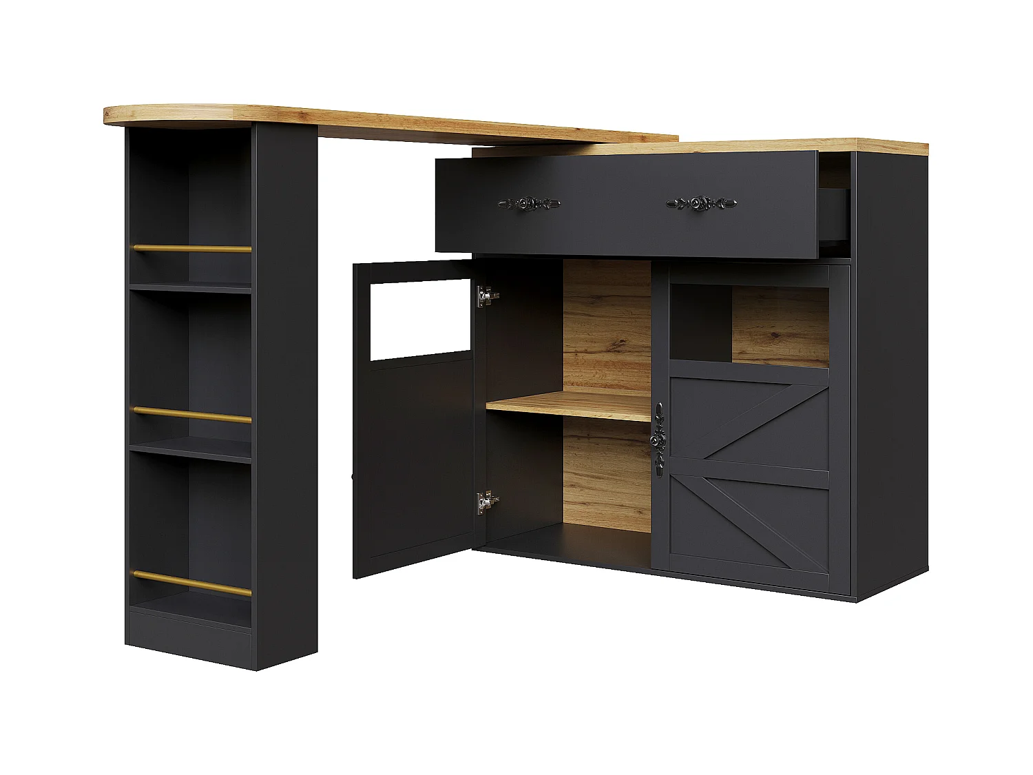 Buffet pivotant avec 1 tiroir, 2 portes et étagères, noir - pour salle à manger et salon