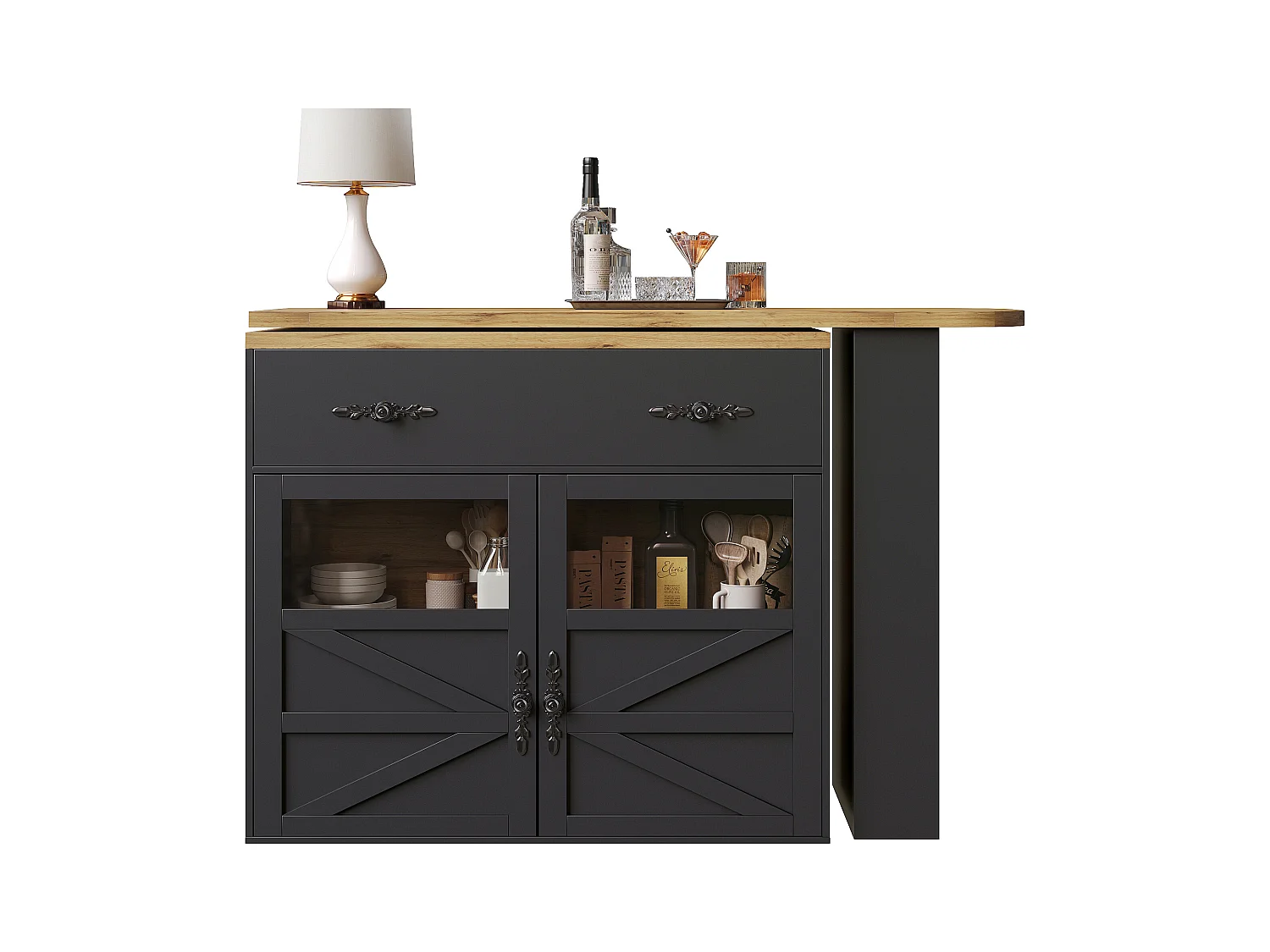 Buffet pivotant avec 1 tiroir, 2 portes et étagères, noir - pour salle à manger et salon