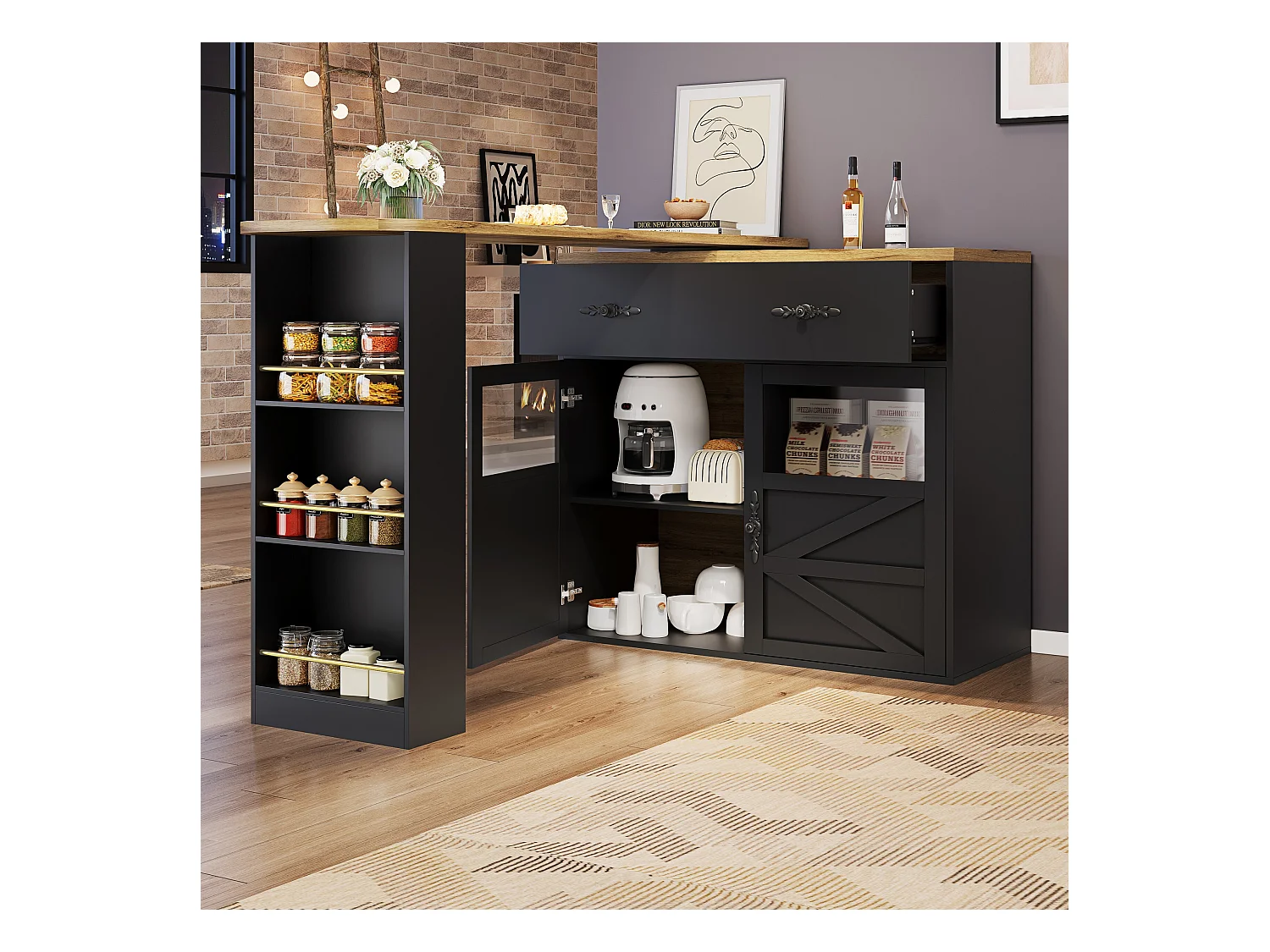 Buffet pivotant avec 1 tiroir, 2 portes et étagères, noir - pour salle à manger et salon