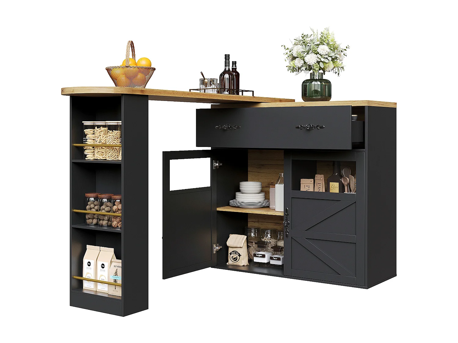 Buffet pivotant avec 1 tiroir, 2 portes et étagères, noir - pour salle à manger et salon