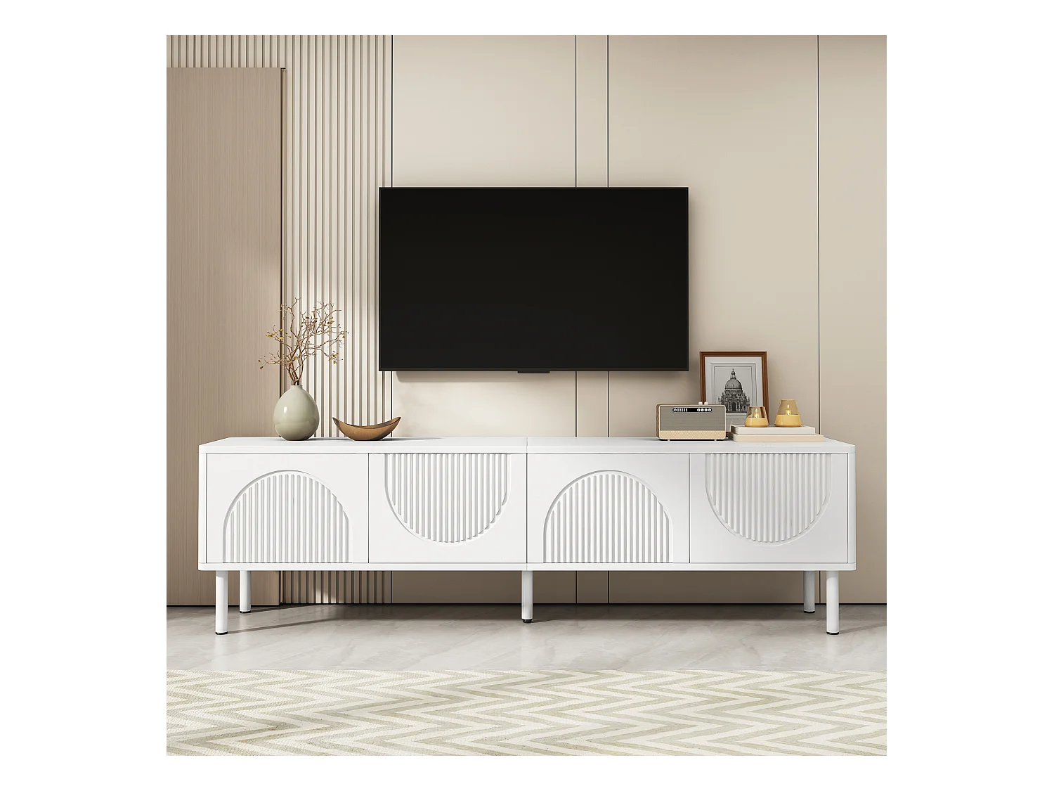 Meuble TV 180 cm avec 4 portes et passe-câbles, finition blanc mat - pour salon ou chambre