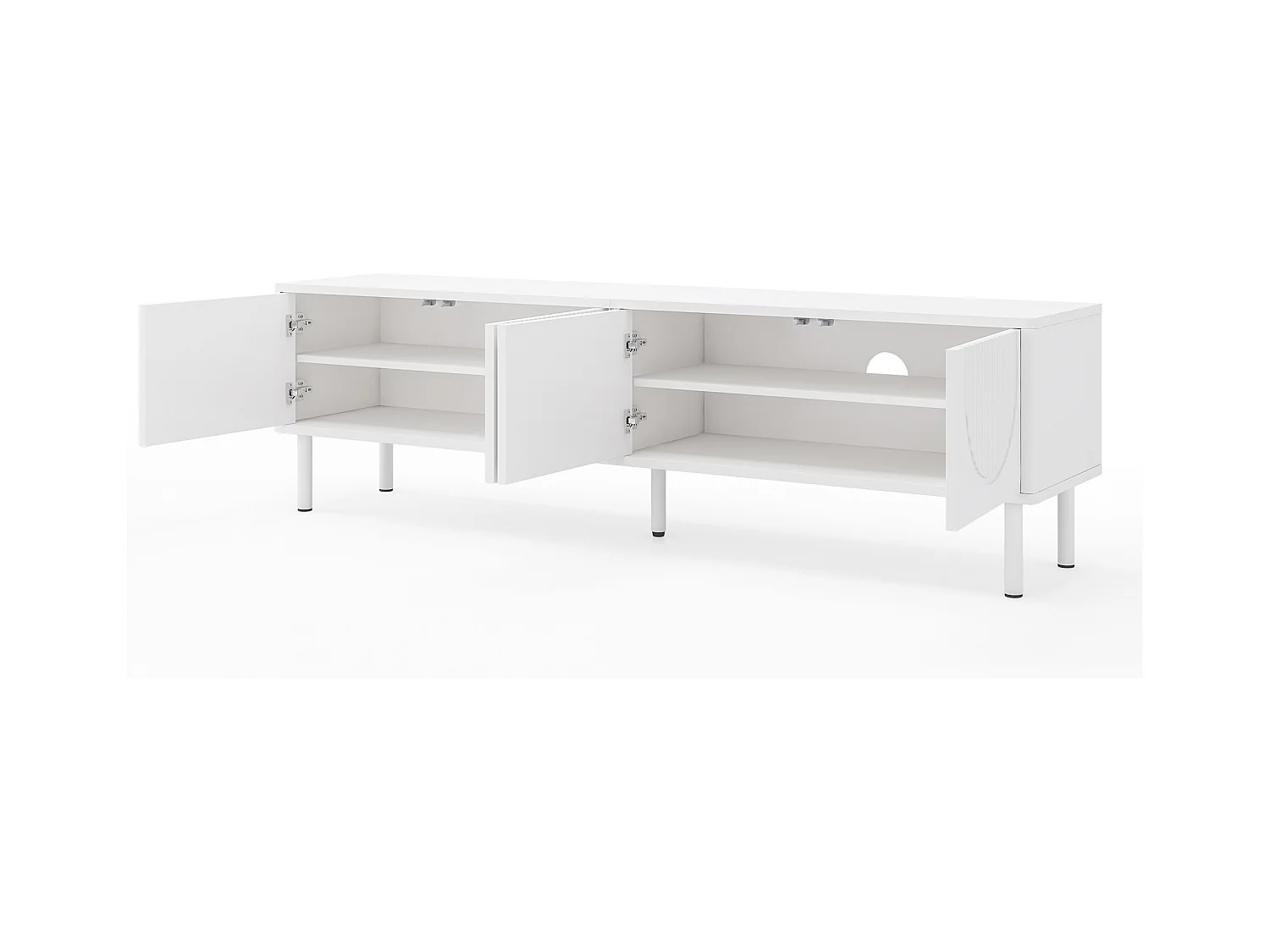 Meuble TV 180 cm avec 4 portes et passe-câbles, finition blanc mat - pour salon ou chambre