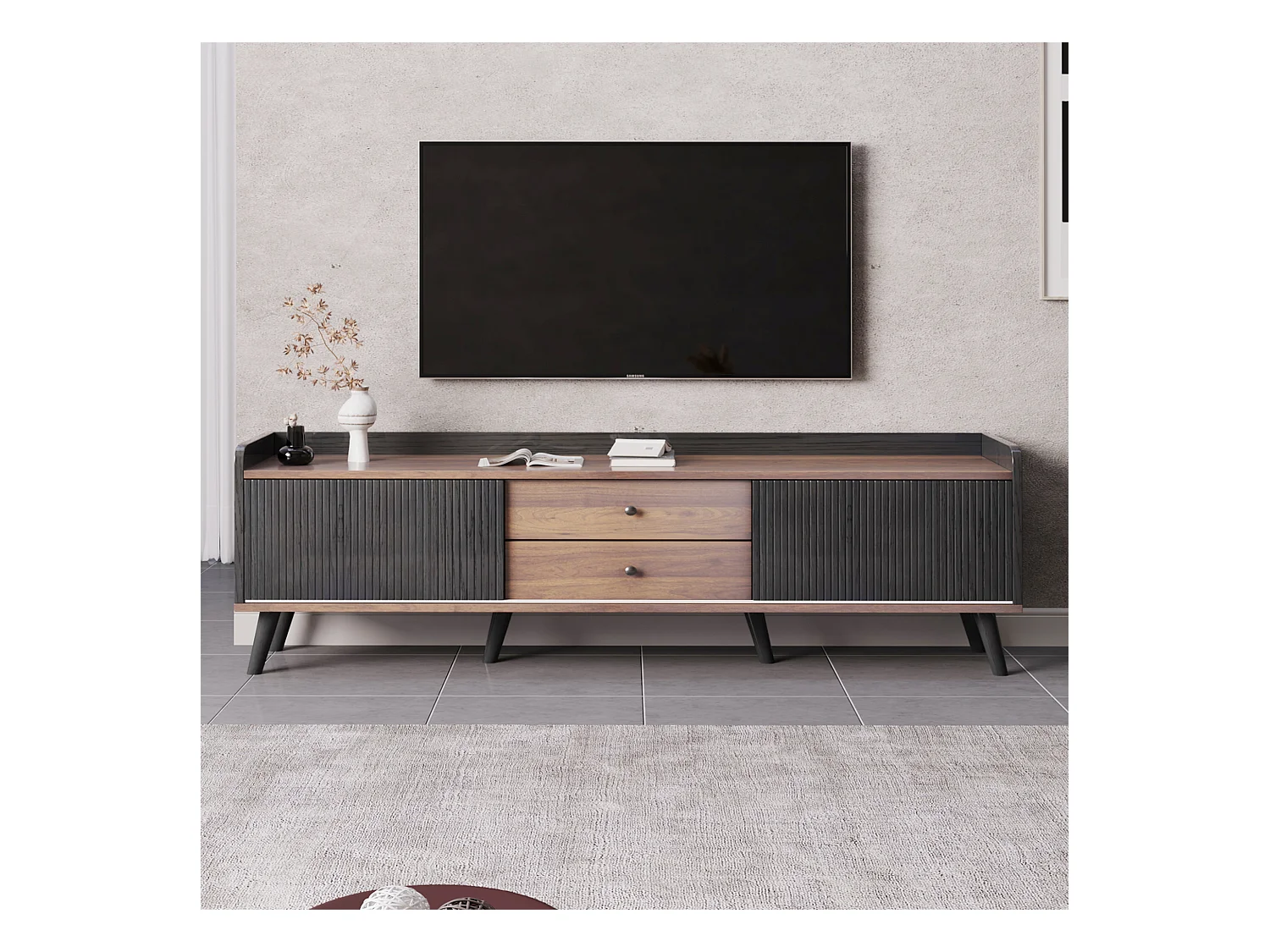 Meuble TV noir et bois, 2 tiroirs et 2 portes, pieds bois - pour salon et bureau